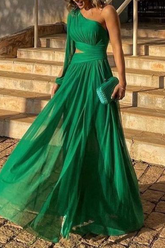 Vestido de noche formal con cuello oblicuo y patchwork liso